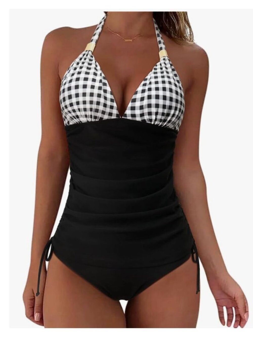 NEW Tummy Control Halter Tankini Black White Gingham Sz S Tie Side